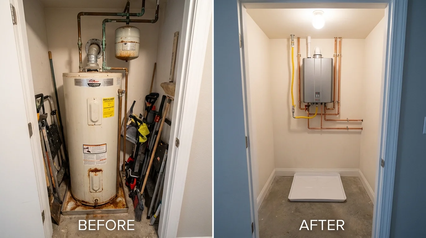 Tank water heater versus wall-mounted tankless unit comparison for Perkins, OK homeowners