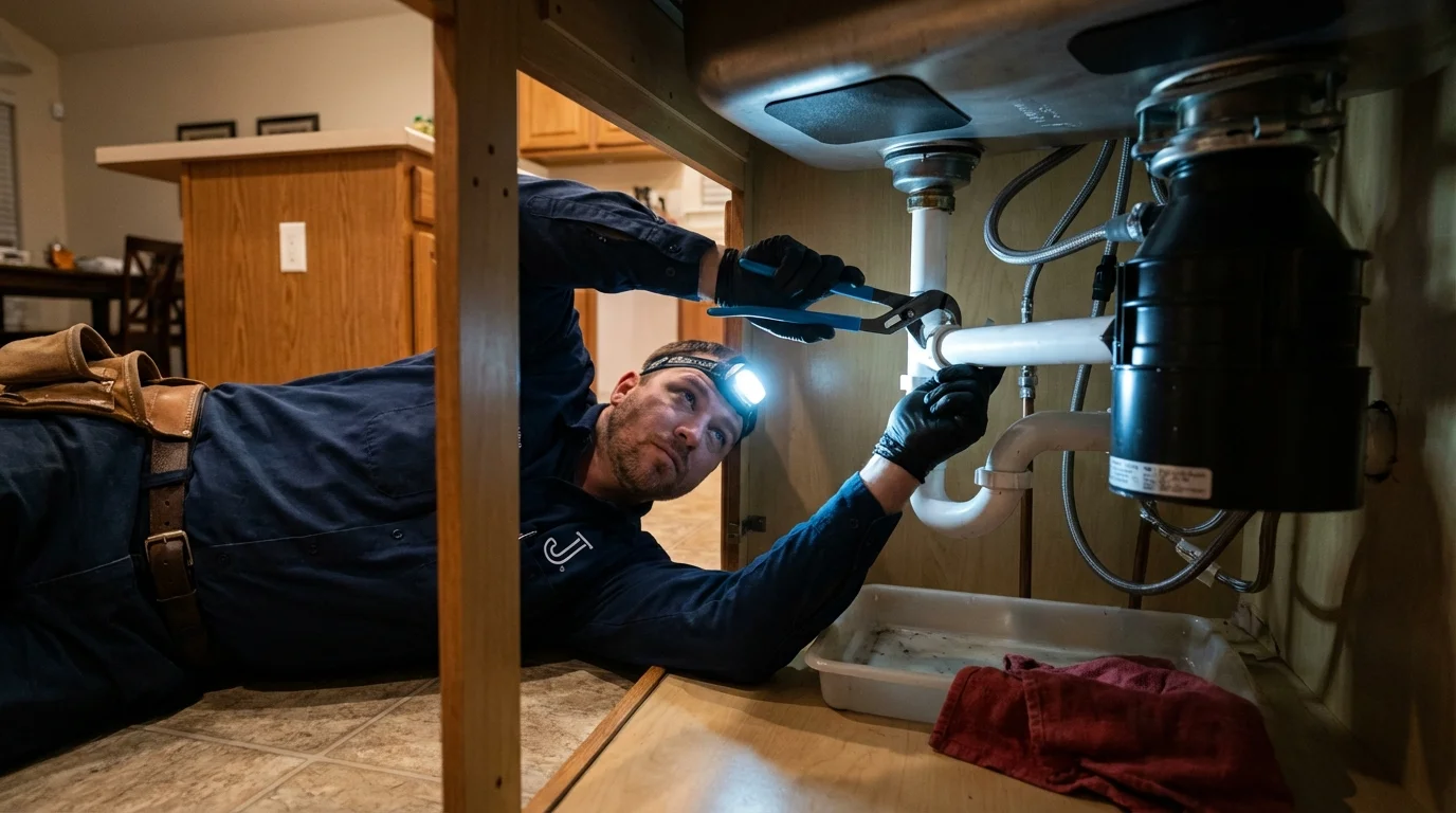 P-trap and supply line connections under a kitchen sink showing a common leak point in Perkins, OK